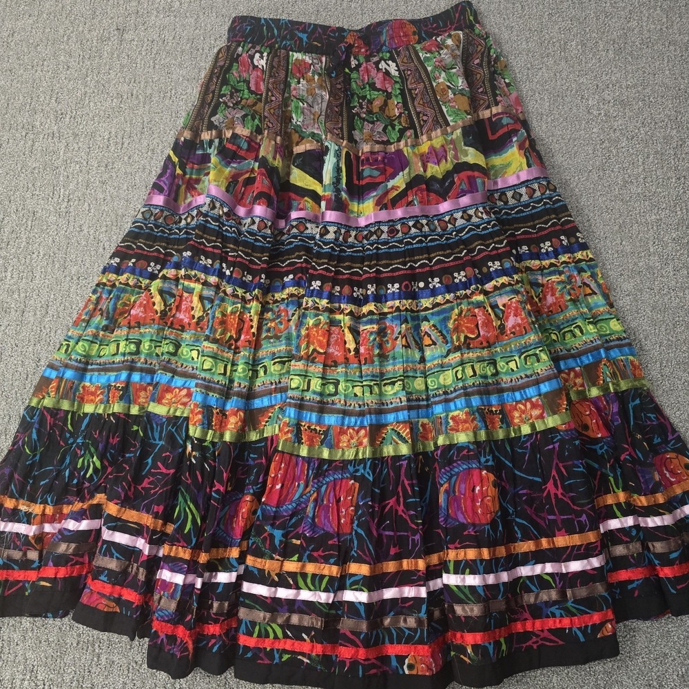 TravelSmith Vintage Patchwork Tiered Maxi Skirt Colorful Gypsy Boho Peasant L